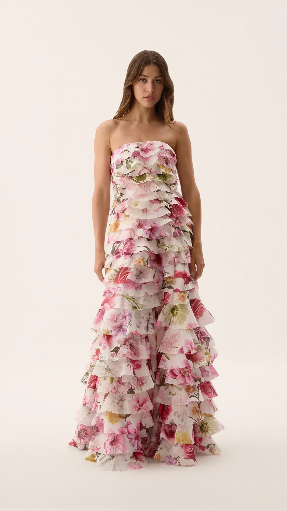 CATHY FLORAL PRINT PLEATED LAYER STRAPLESS MAXI DRESS IN PINK
