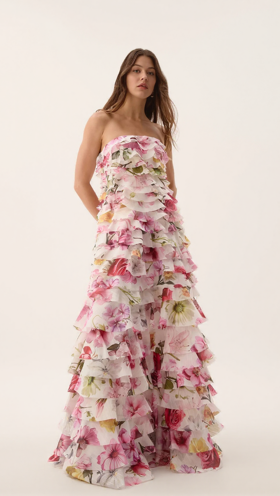 CATHY FLORAL PRINT PLEATED LAYER STRAPLESS MAXI DRESS IN PINK