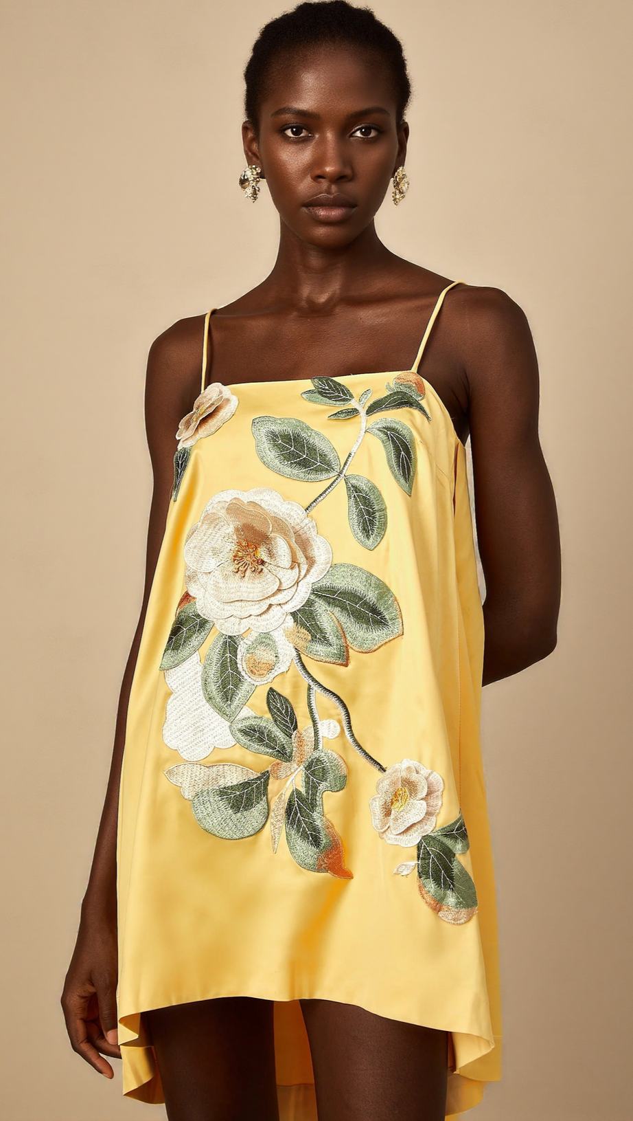 EDWINA APPLIQUE FLORAL EMBROIDERED MINI DRESS IN YELLOW