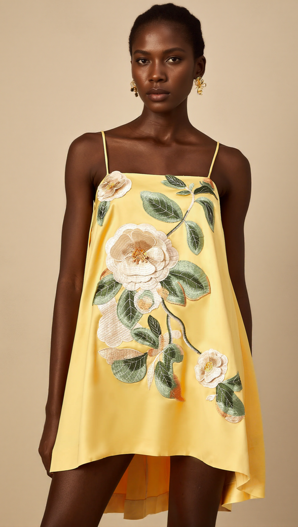 AIIZIE EDWINA APPLIQUE FLORAL EMBROIDERED MINI DRESS IN YELLOW - product image