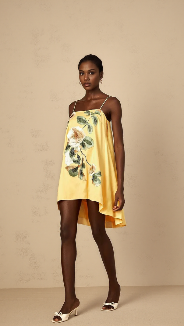 AIIZIE EDWINA APPLIQUE FLORAL EMBROIDERED MINI DRESS IN YELLOW - product image