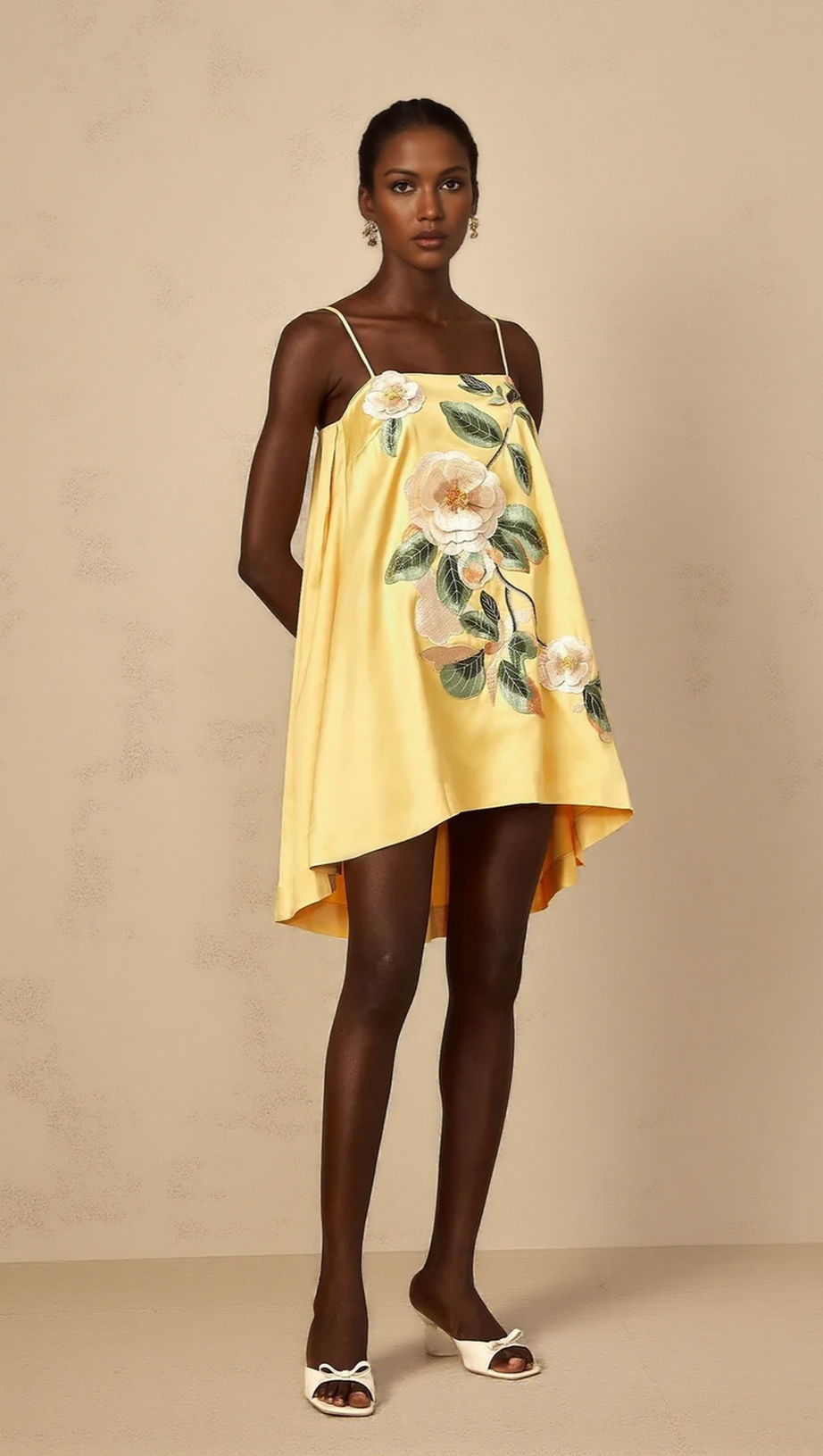 EDWINA APPLIQUE FLORAL EMBROIDERED MINI DRESS IN YELLOW