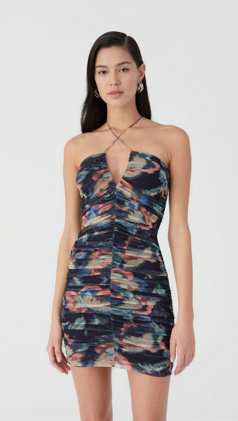 MULTICOLOR FLORAL PRINT PLEATED BODYCON MINI DRESS