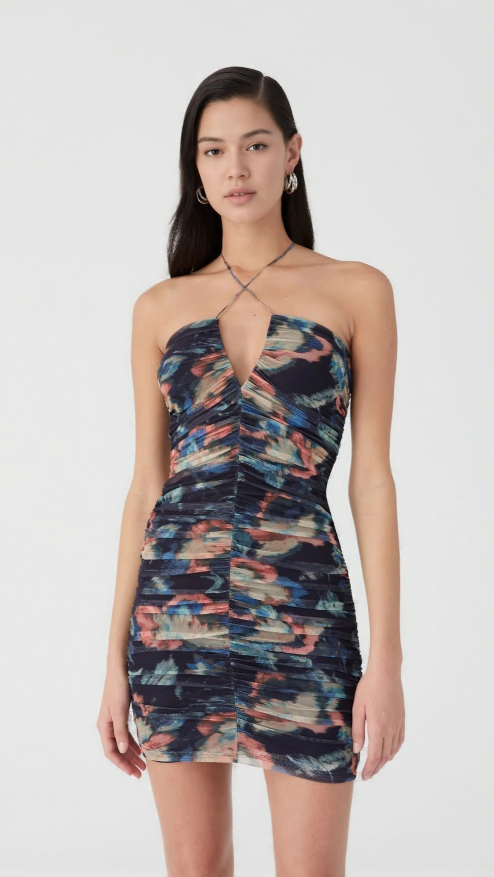 MULTICOLOR FLORAL PRINT PLEATED BODYCON MINI DRESS