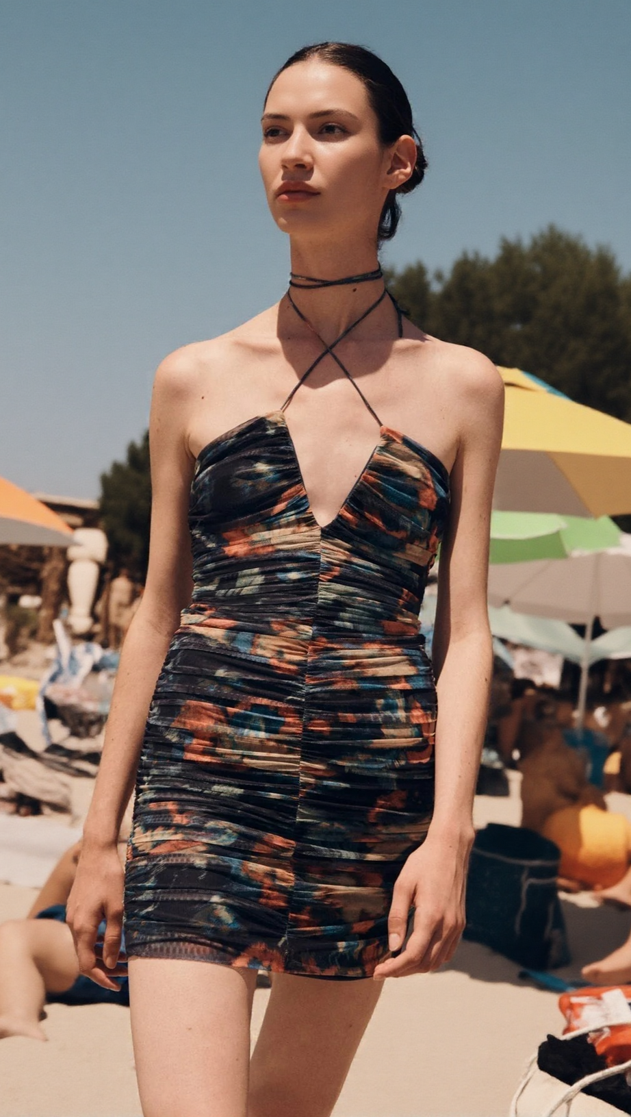 MULTICOLOR FLORAL PRINT PLEATED BODYCON MINI DRESS