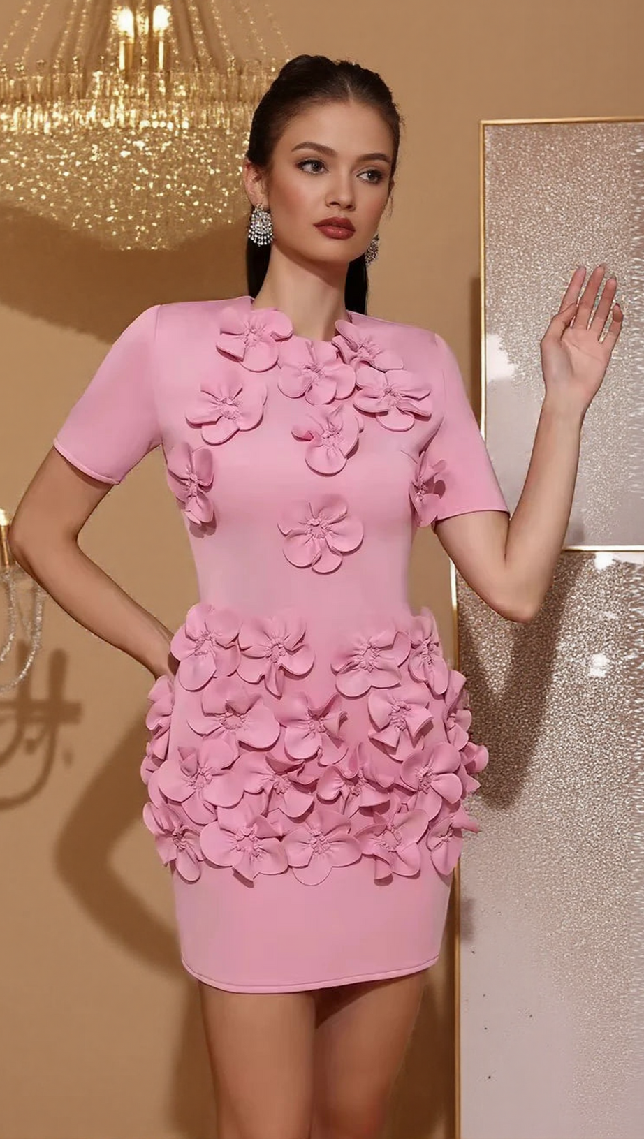 ABITO CORTO ADERENTE CON FIORI 3D CYNTHIA IN ROSA