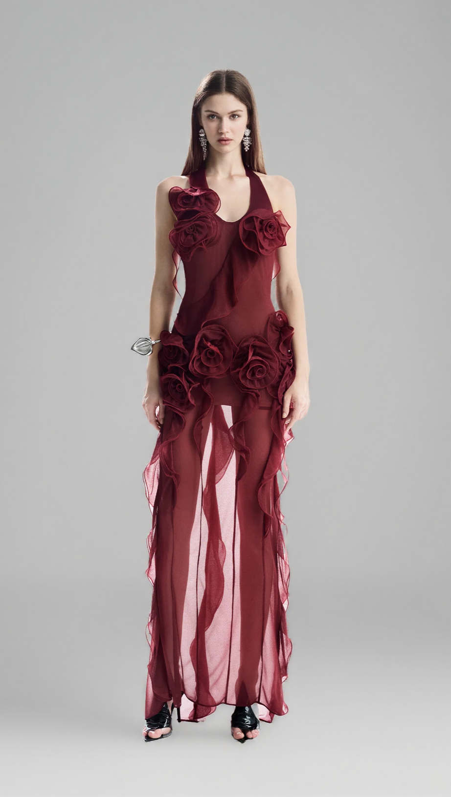 ABITO CORTO A FIORI GRIGIO MELISSA CON PIEGHE ASIMMETRICHE