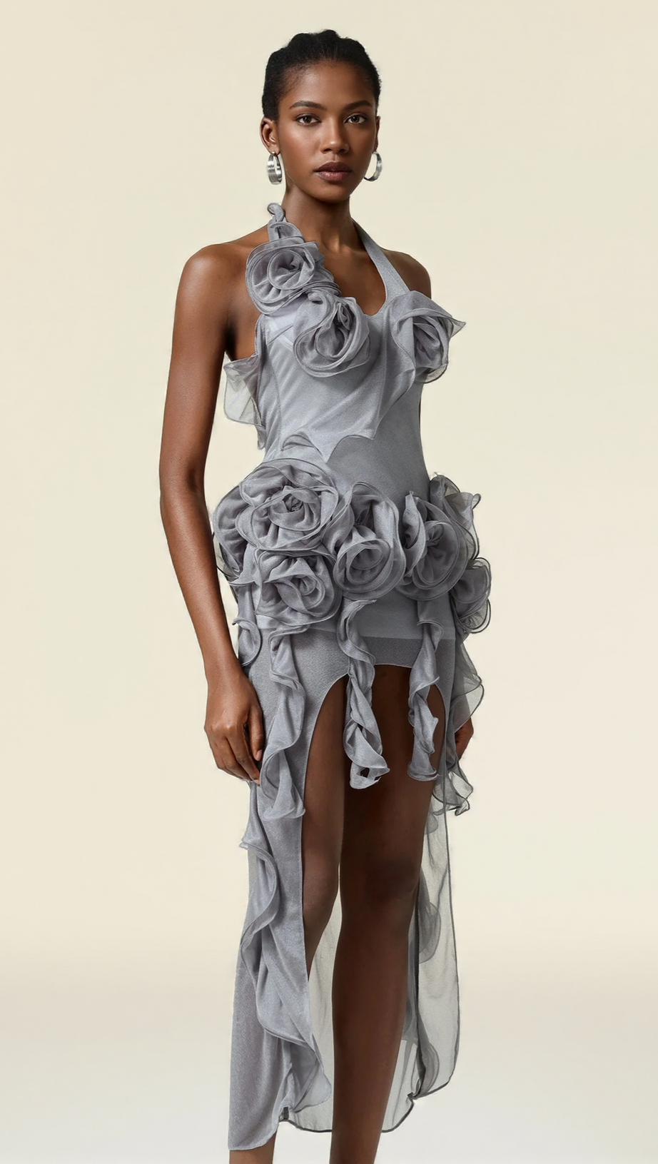 ABITO CORTO A FIORI GRIGIO MELISSA CON PIEGHE ASIMMETRICHE