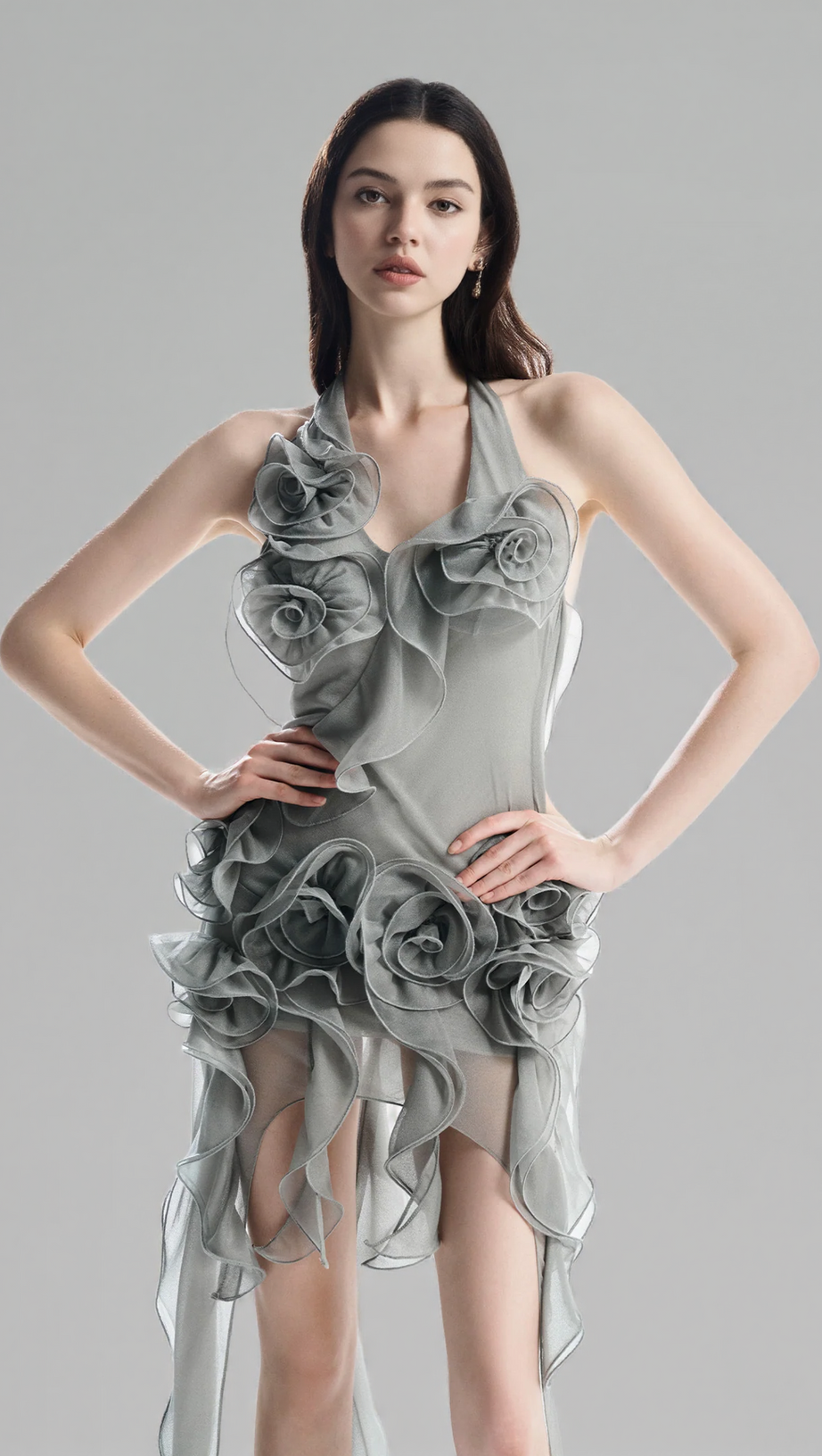 ABITO CORTO A FIORI GRIGIO MELISSA CON PIEGHE ASIMMETRICHE