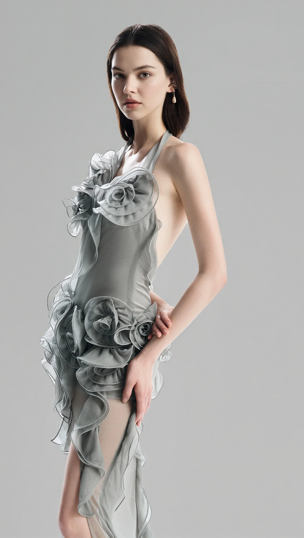 ABITO CORTO A FIORI GRIGIO MELISSA CON PIEGHE ASIMMETRICHE