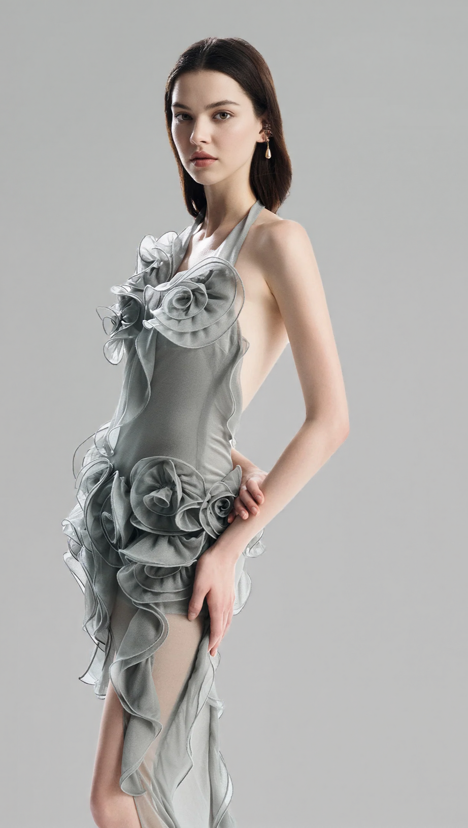 ABITO CORTO A FIORI GRIGIO MELISSA CON PIEGHE ASIMMETRICHE