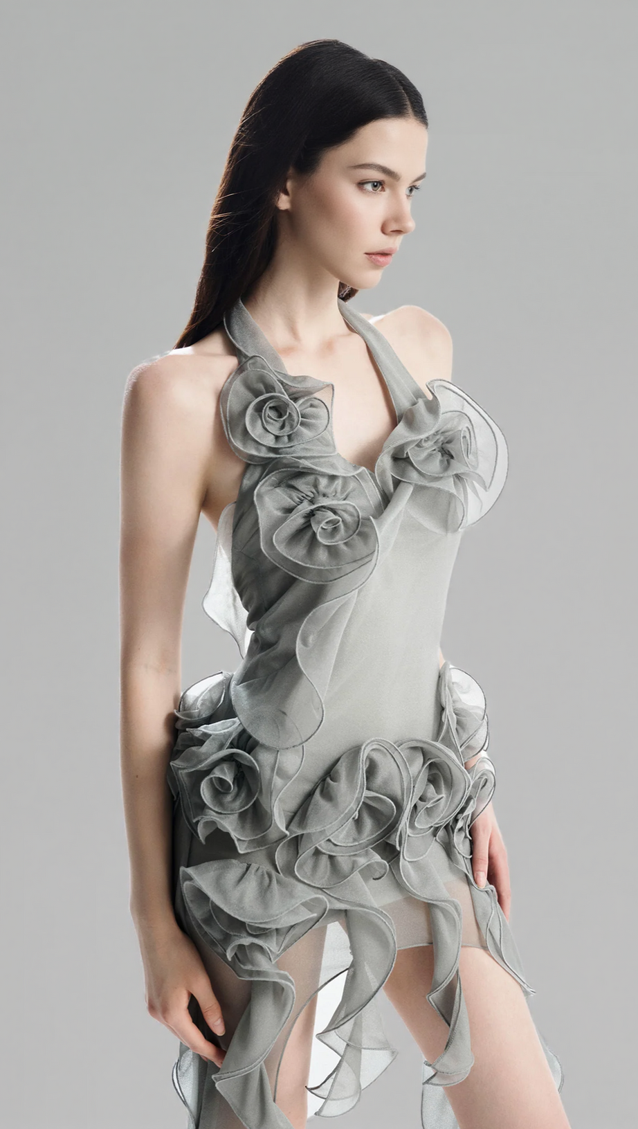 ABITO CORTO A FIORI GRIGIO MELISSA CON PIEGHE ASIMMETRICHE