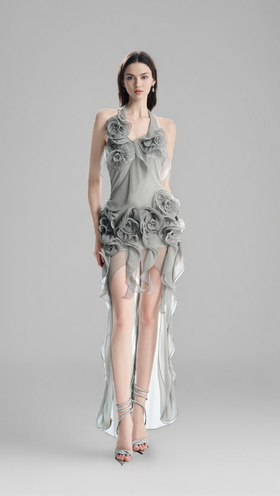 ABITO CORTO A FIORI GRIGIO MELISSA CON PIEGHE ASIMMETRICHE