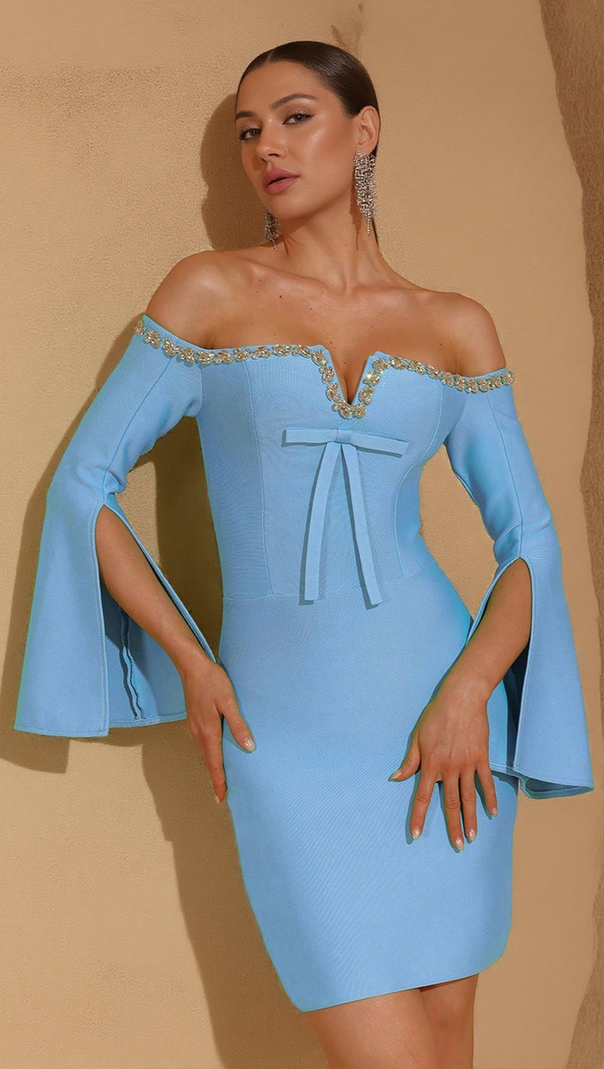 AIIZIE CARA OFF-SHOULDER LONG-SLEEVE DIAMOND BODYCON MINI DRESS IN BLUE - product image