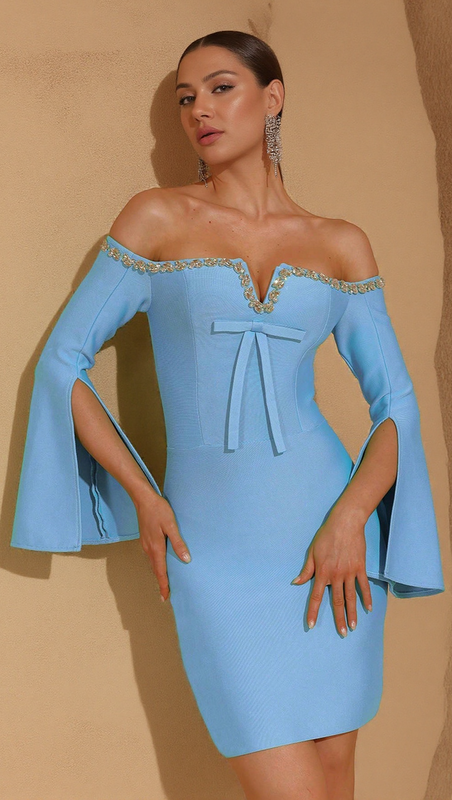 CARA OFF-SHOULDER LONG-SLEEVE DIAMOND BODYCON MINI DRESS IN BLUE