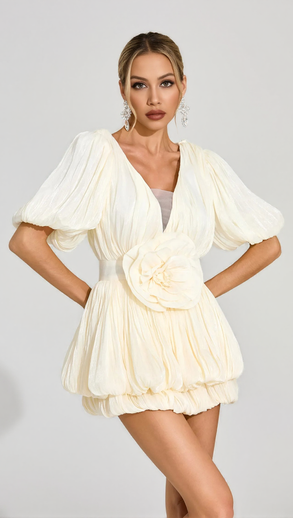 AIIZIE EARTHA APRICOT 3D FLOWER ORGANZA PLEATED MINI DRESS - product image