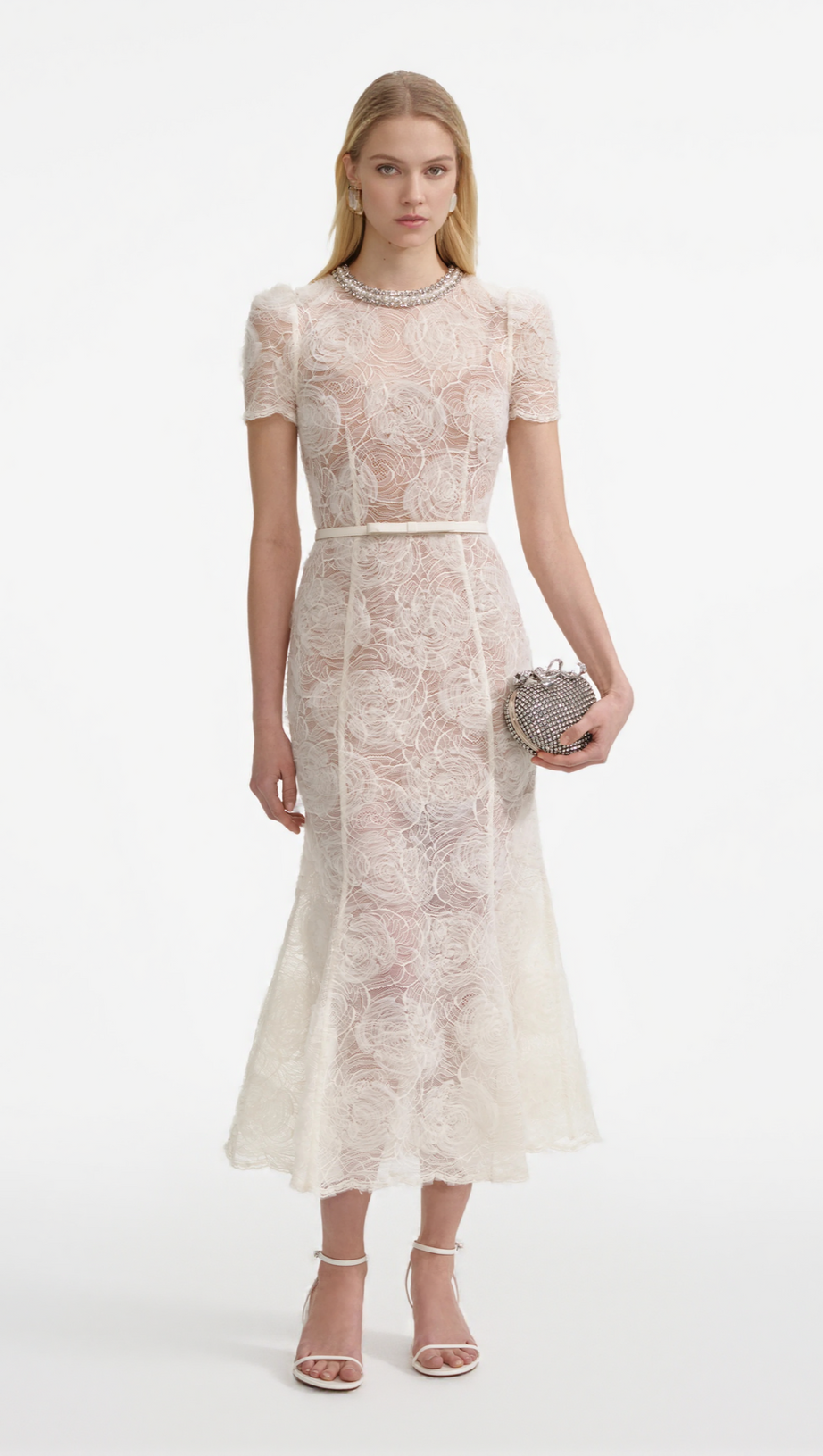 ABITO MIDI IN PIZZO DI TULLE CON DIAMANTI BEIGE