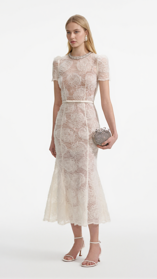 AIIZIE TULLE LACE DIAMANTE MIDI DRESS IN BEIGE - product image
