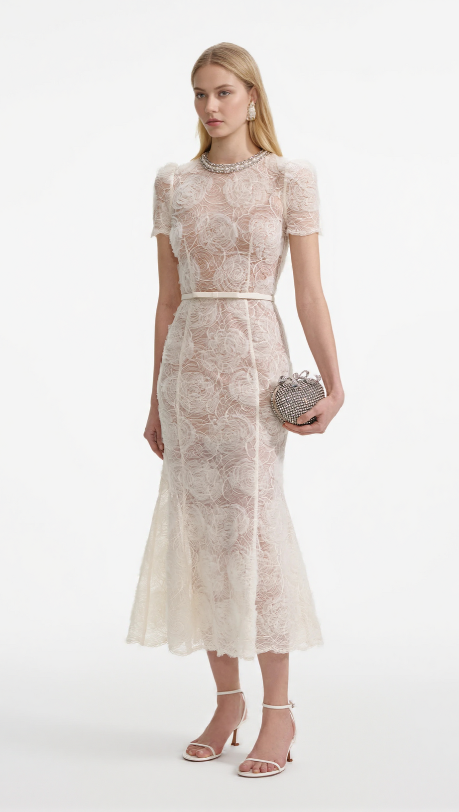 TULLE LACE DIAMANTE MIDI DRESS IN BEIGE