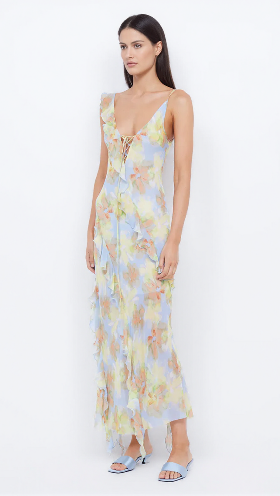 CECILIA CHIFFON RUFFLES MAXI DRESS IN BLUE