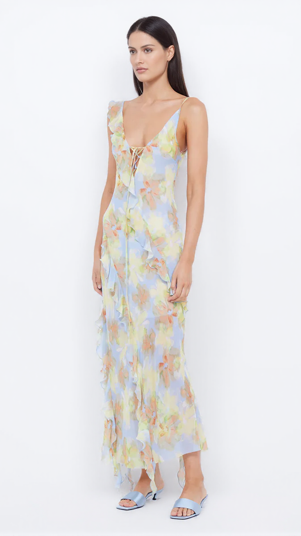 CECILIA CHIFFON RUFFLES MAXI DRESS IN BLUE