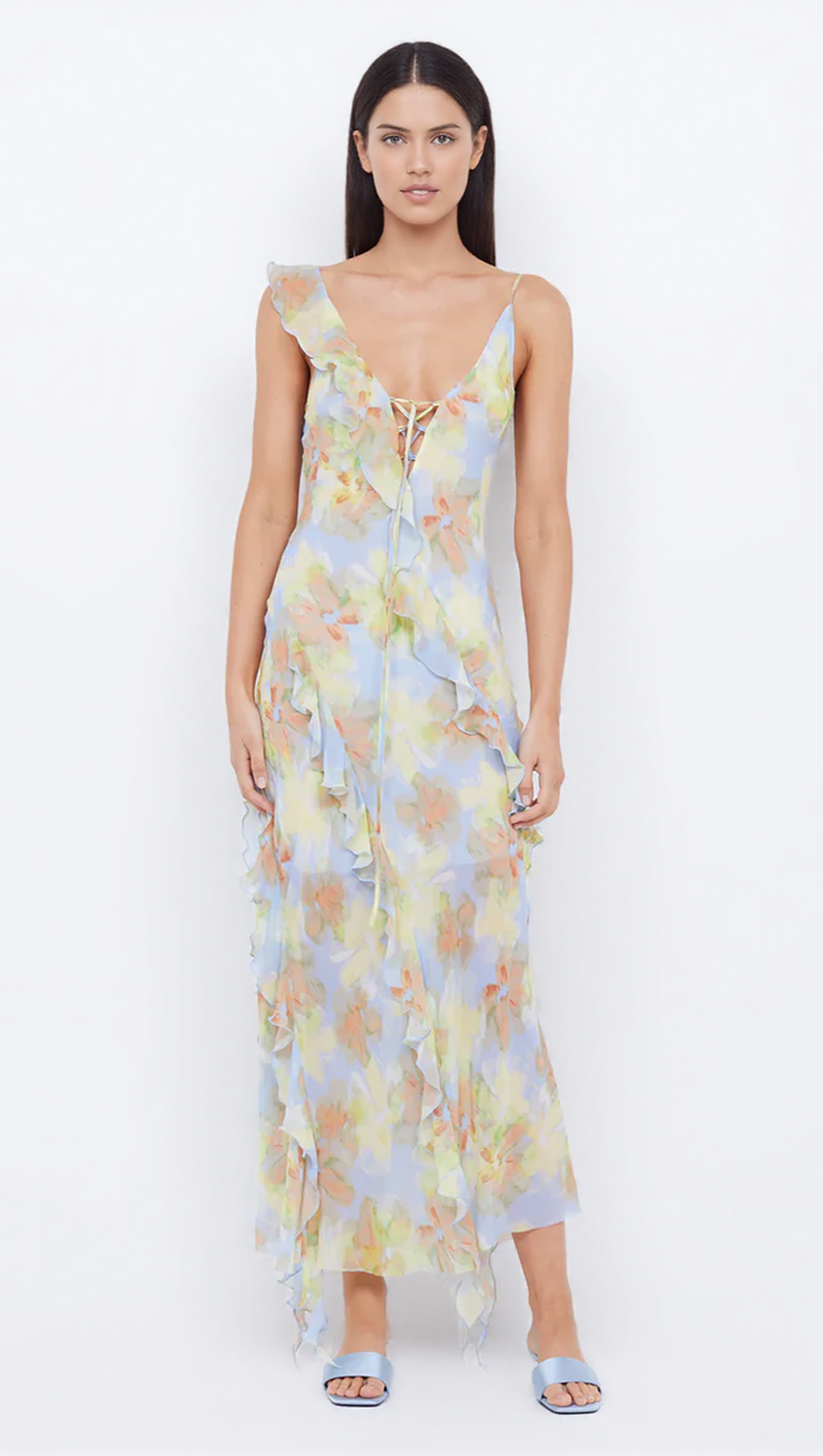 ABITO LUNGO CECILIA CON VOLANT IN CHIFFON BLU