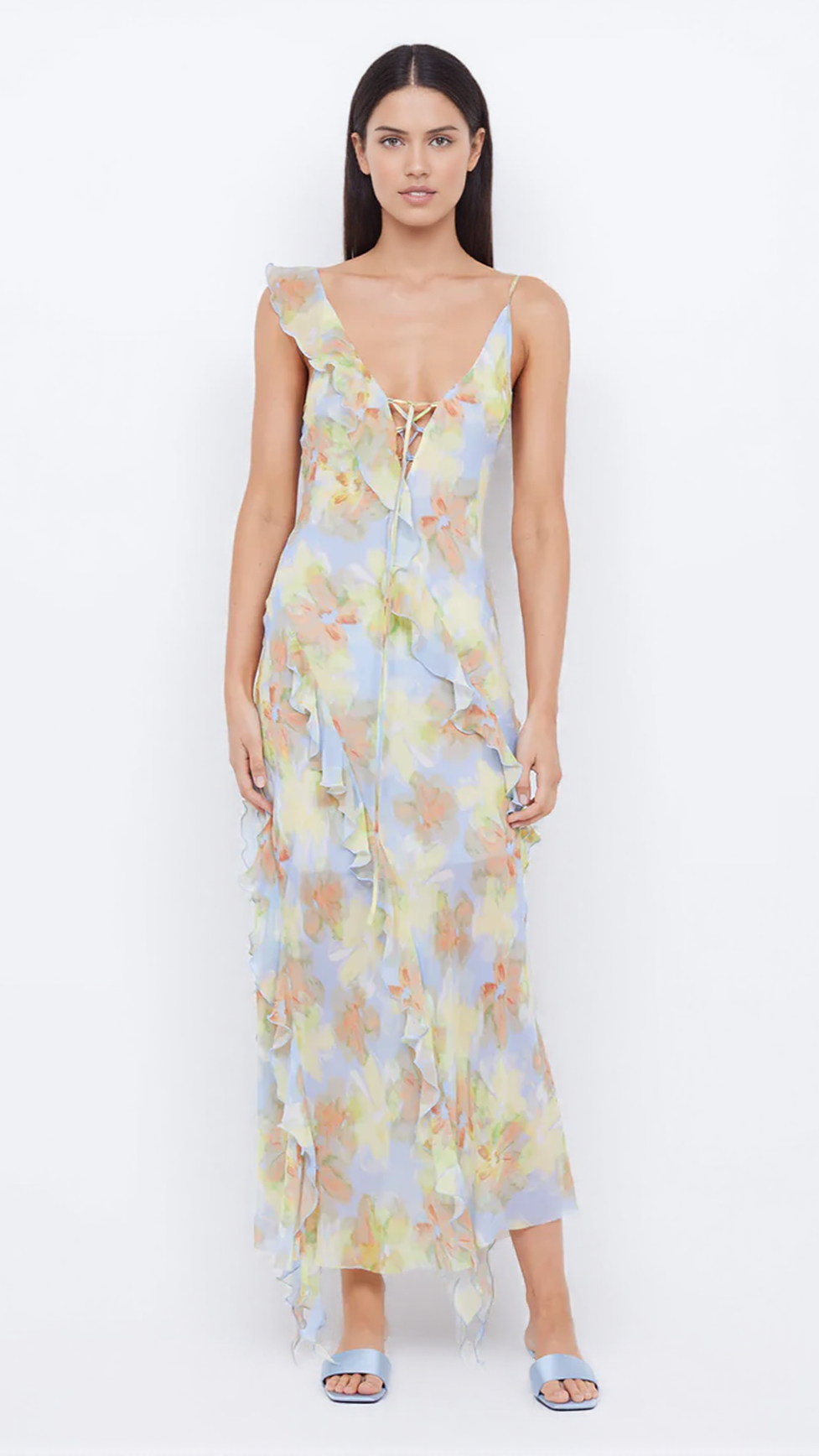 CECILIA CHIFFON RUFFLES MAXI DRESS IN BLUE