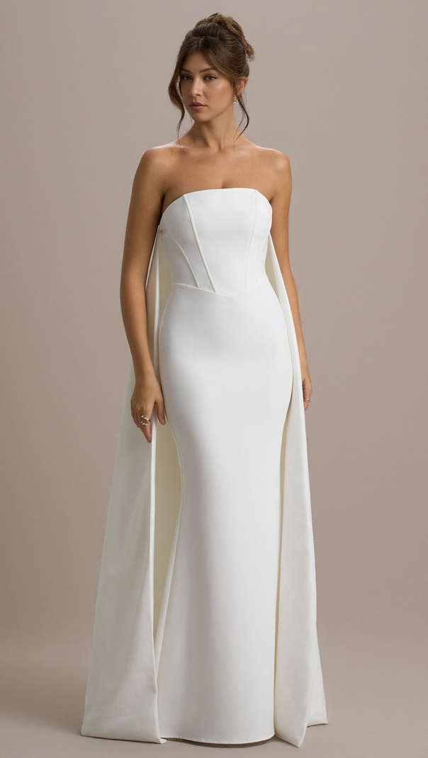 AIIZIE SHE'S TROUBLE | WHITE BANDEAU MAXI DRESS WITH CAPE - product image