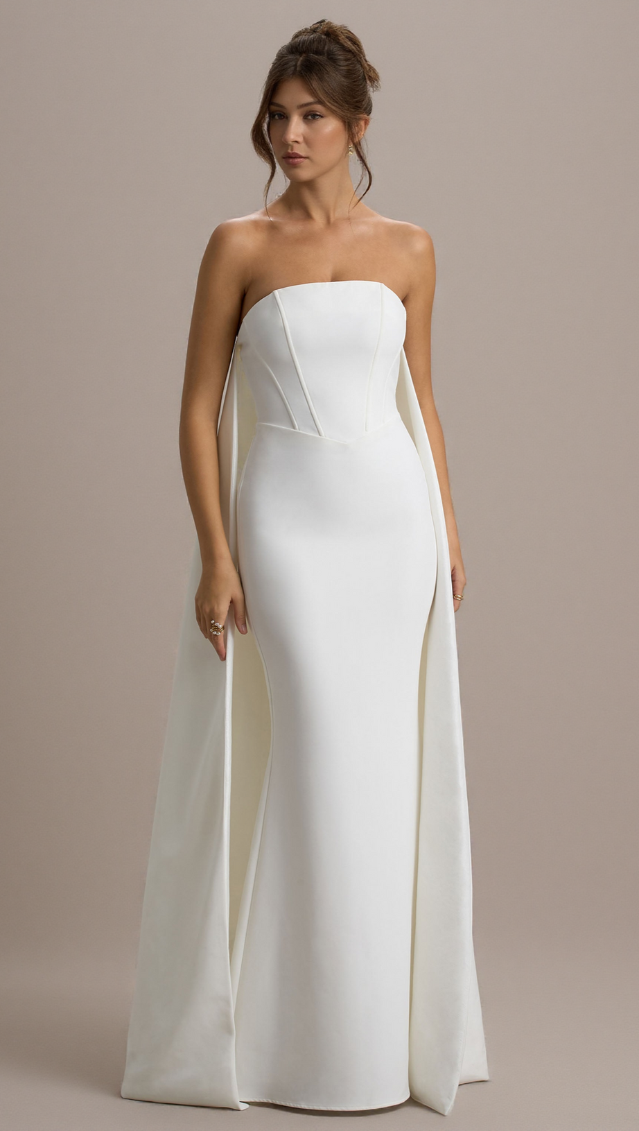 SHE'S TROUBLE | WHITE BANDEAU MAXI DRESS WITH CAPE
