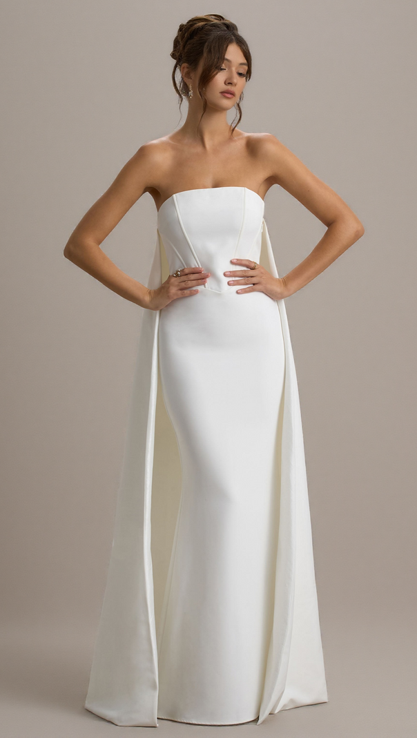 AIIZIE SHE'S TROUBLE | WHITE BANDEAU MAXI DRESS WITH CAPE - product image