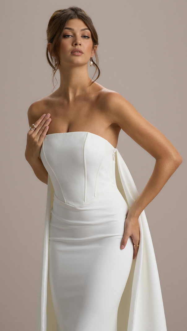 AIIZIE SHE'S TROUBLE | WHITE BANDEAU MAXI DRESS WITH CAPE - product image