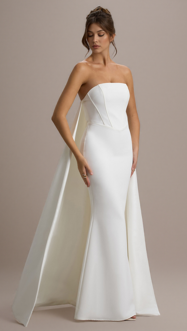 AIIZIE SHE'S TROUBLE | WHITE BANDEAU MAXI DRESS WITH CAPE - product image
