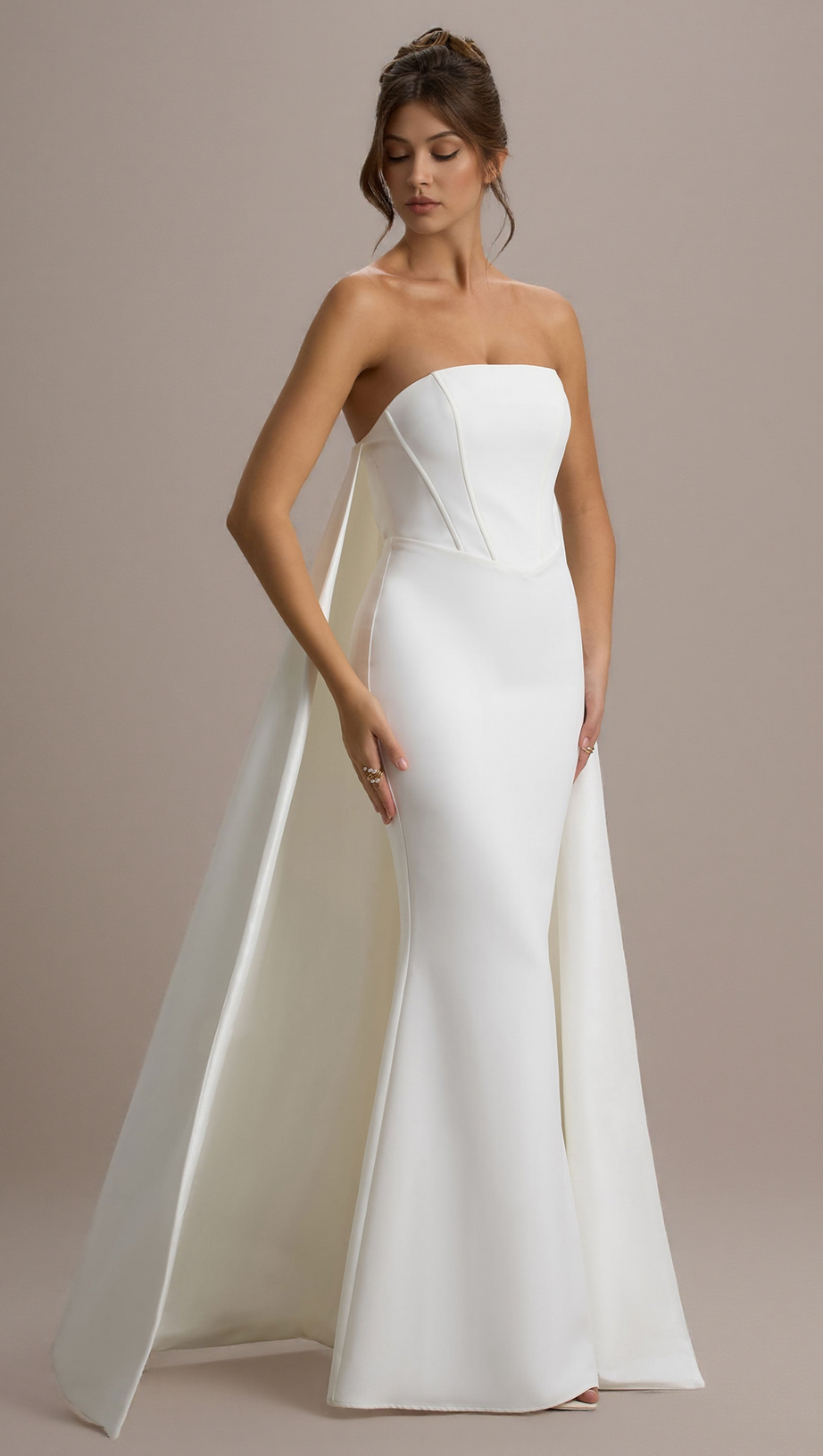 SHE'S TROUBLE | WHITE BANDEAU MAXI DRESS WITH CAPE