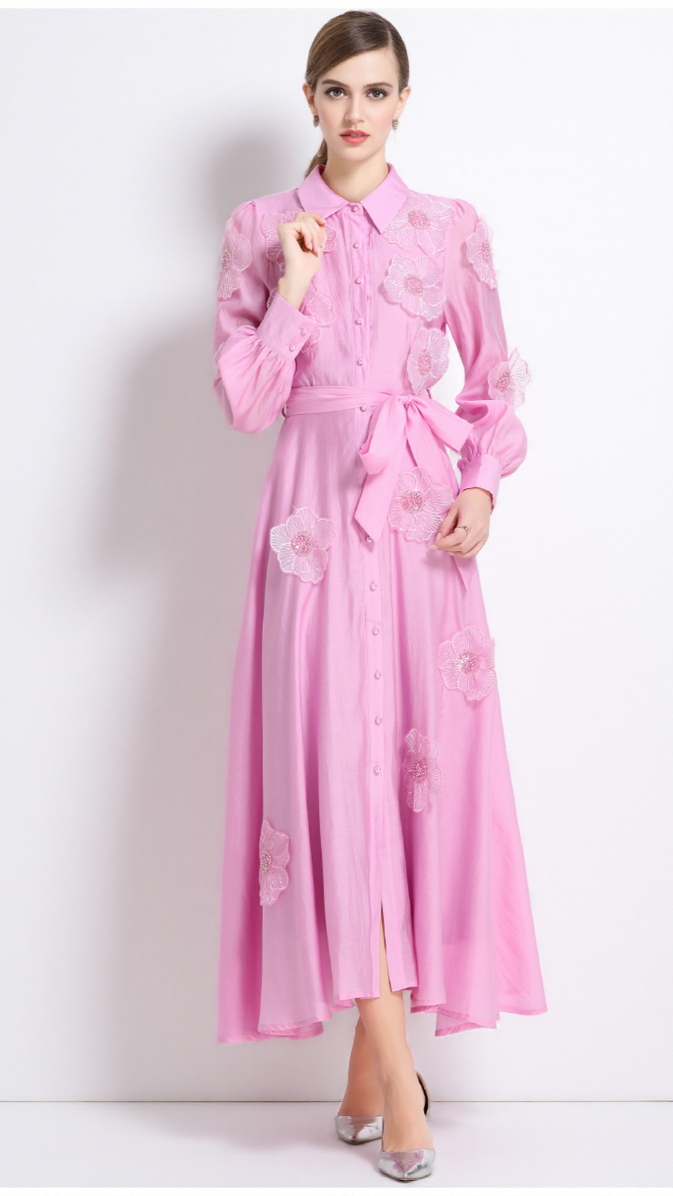 SALLY LAPEL EMBROIDERED APPLIQUÉ MIDI DRESS IN PINK