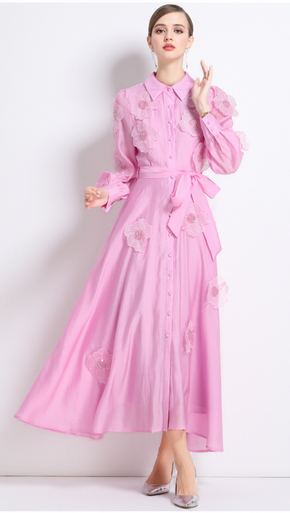 SALLY LAPEL EMBROIDERED APPLIQUÉ MIDI DRESS IN PINK