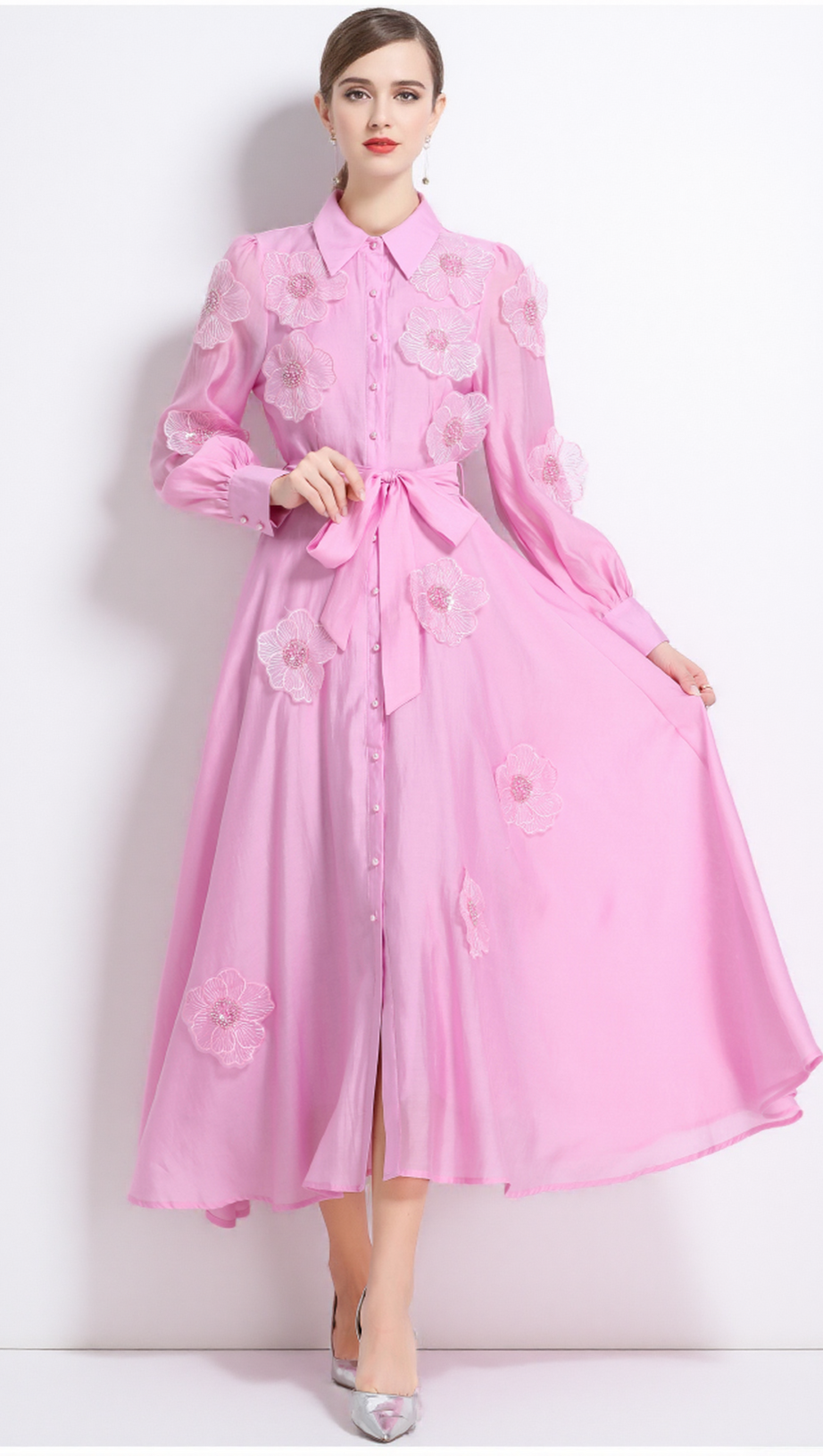 SALLY LAPEL EMBROIDERED APPLIQUÉ MIDI DRESS IN PINK