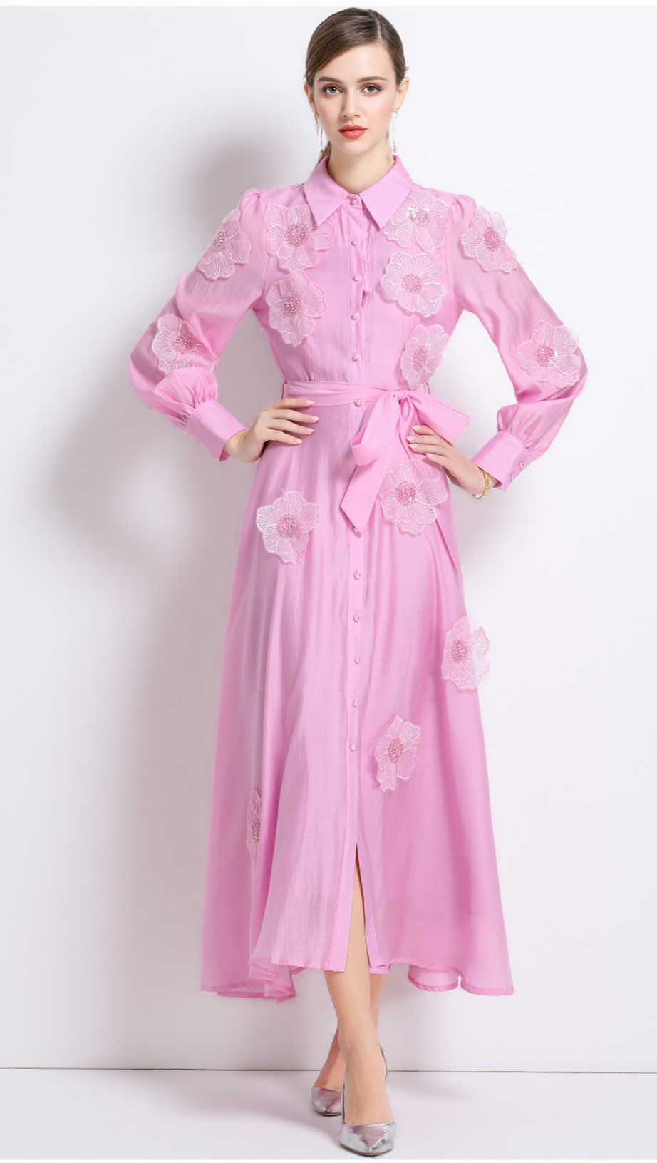 SALLY LAPEL EMBROIDERED APPLIQUÉ MIDI DRESS IN PINK