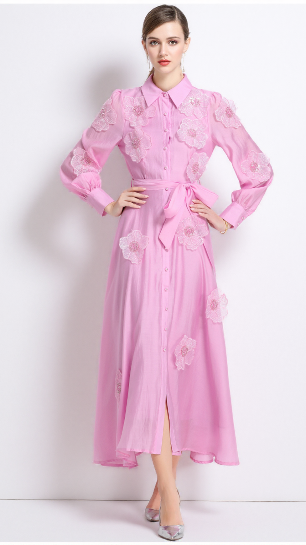 SALLY LAPEL EMBROIDERED APPLIQUÉ MIDI DRESS IN PINK