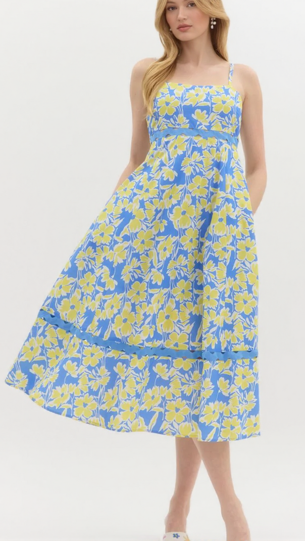 AIIZIE WALLIS FLORAL PRINT HOLLOW MIDI DRESS IN BLUE - product image