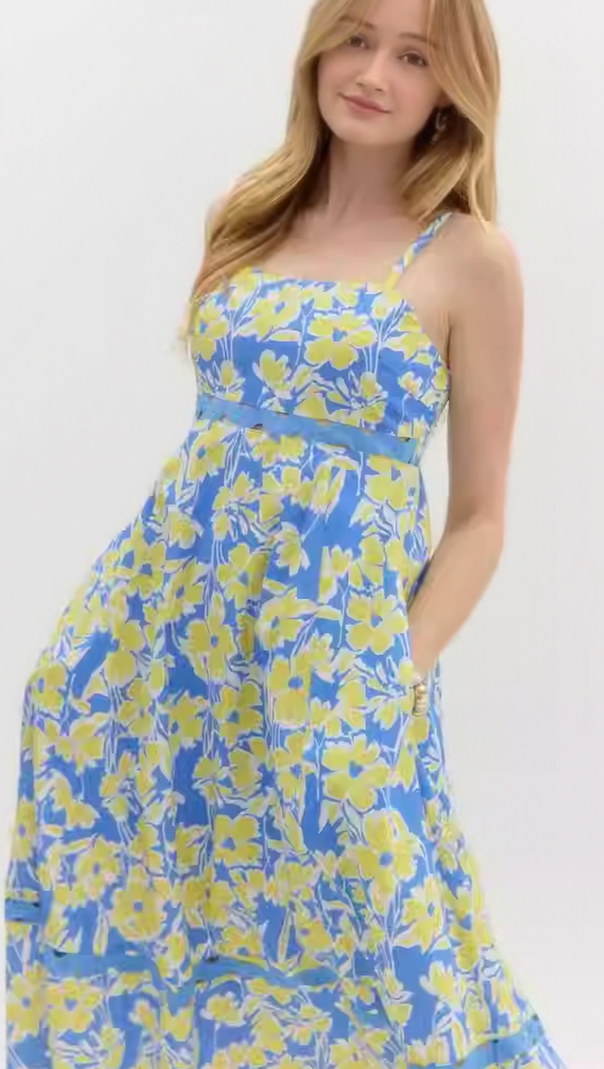 AIIZIE WALLIS FLORAL PRINT HOLLOW MIDI DRESS IN BLUE - product image