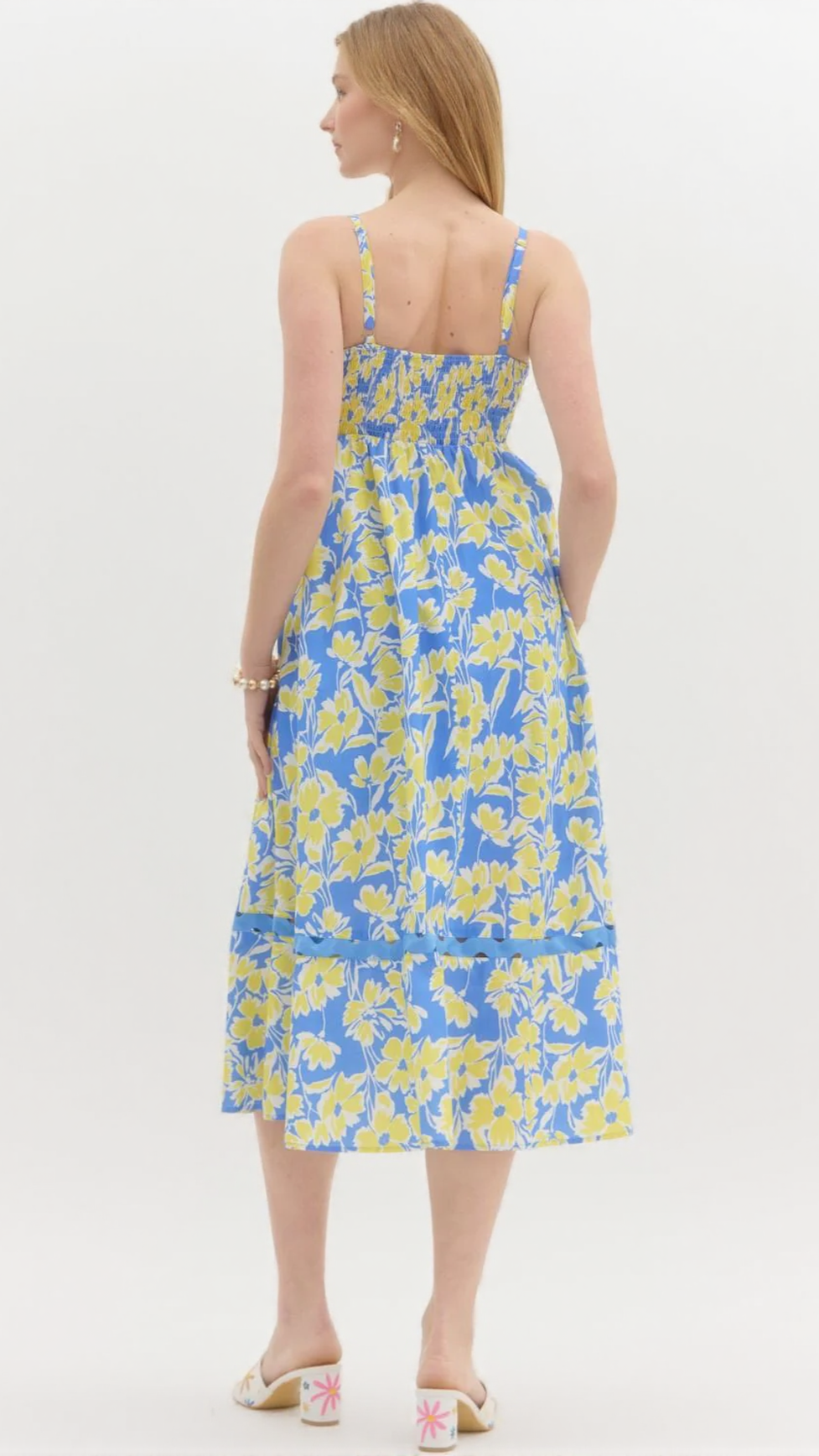 WALLIS FLORAL PRINT HOLLOW MIDI DRESS IN BLUE