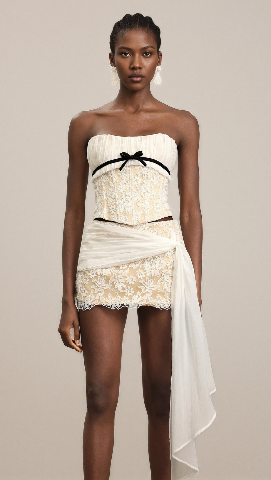 WHITE HERRINGBONE TUBE TOP FLORAL RUFFLE MINI DRESS SUIT