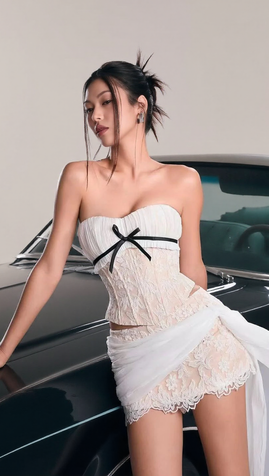 WHITE HERRINGBONE TUBE TOP FLORAL RUFFLE MINI DRESS SUIT