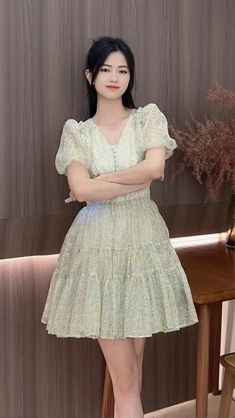 PRINTED V-NECK TUTU MINI DRESS IN DAISY YELLOW