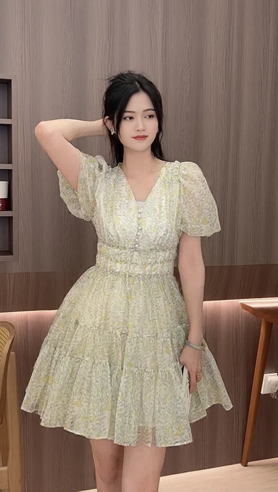 PRINTED V-NECK TUTU MINI DRESS IN DAISY YELLOW