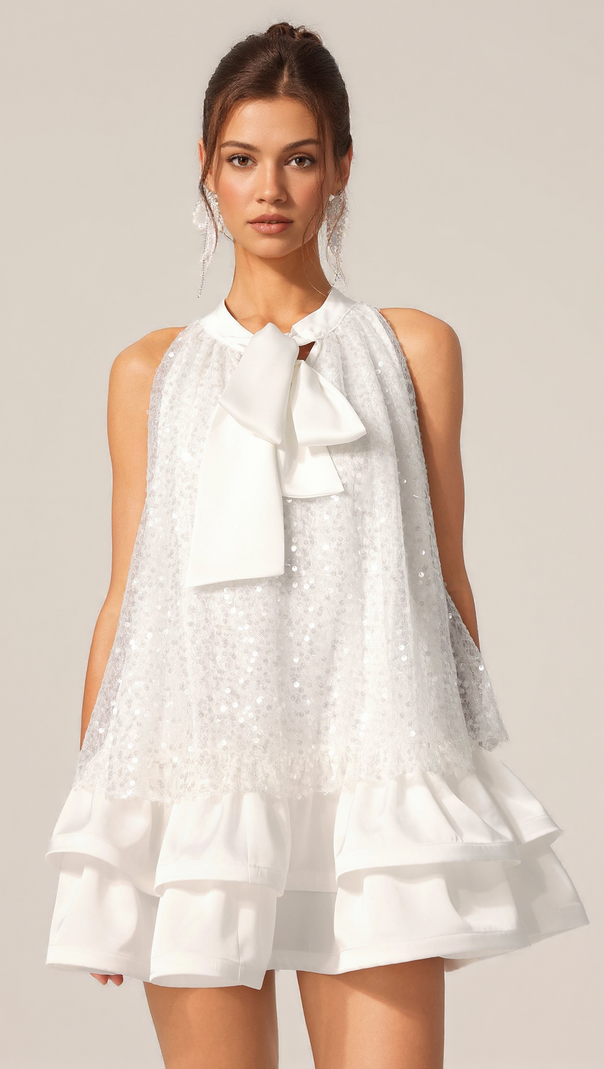 AIIZIE GEMMA SEQUIN SLEEVELESS BOWKNOT MINI DRESS IN WHITE - product image
