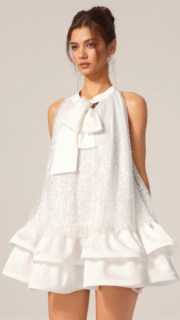 AIIZIE GEMMA SEQUIN SLEEVELESS BOWKNOT MINI DRESS IN WHITE - product image