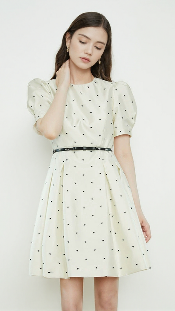 AIIZIE ELSIE POLKA DOT PUFF SLEEVE MINI DRESS IN BEIGE - product image