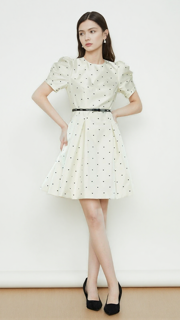 AIIZIE ELSIE POLKA DOT PUFF SLEEVE MINI DRESS IN BEIGE - product image