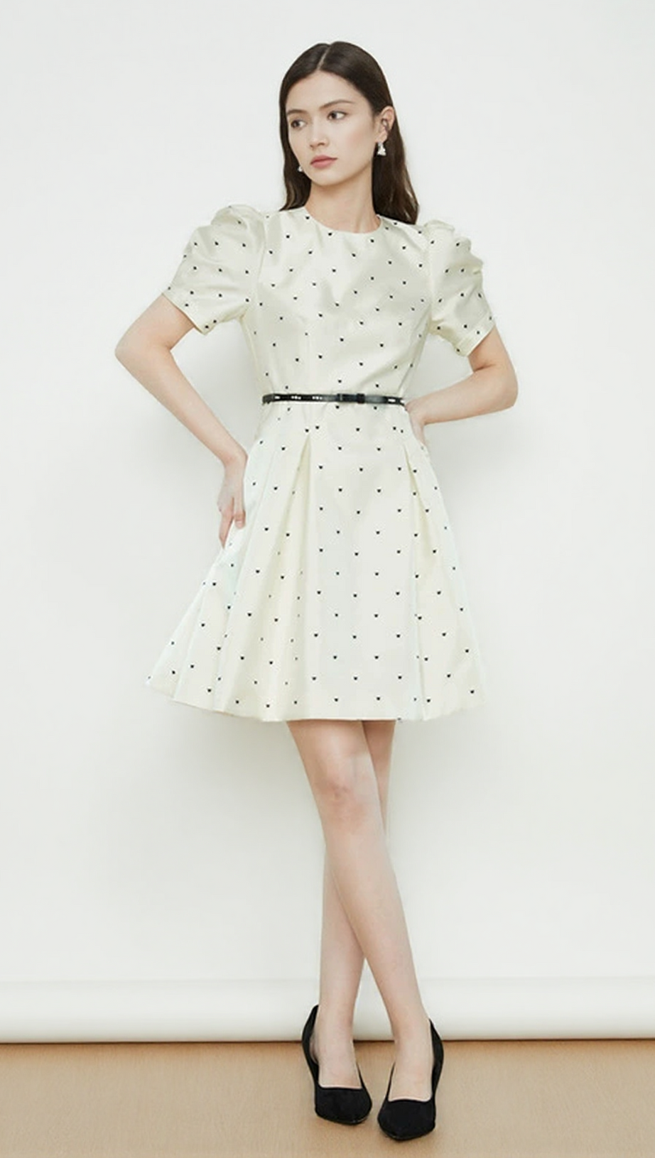 ELSIE POLKA DOT PUFF SLEEVE MINI DRESS IN BEIGE
